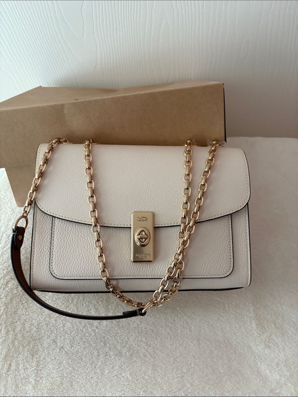 Coach Chalk Pebbled Leather Shoulder Bag with Gold Chain Strap